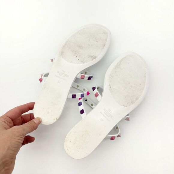 VALENTINO Pink Purple Rockstud Slide Sandal Size 37 Flat Caged Strap Rubber PVC - Picture 10 of 12